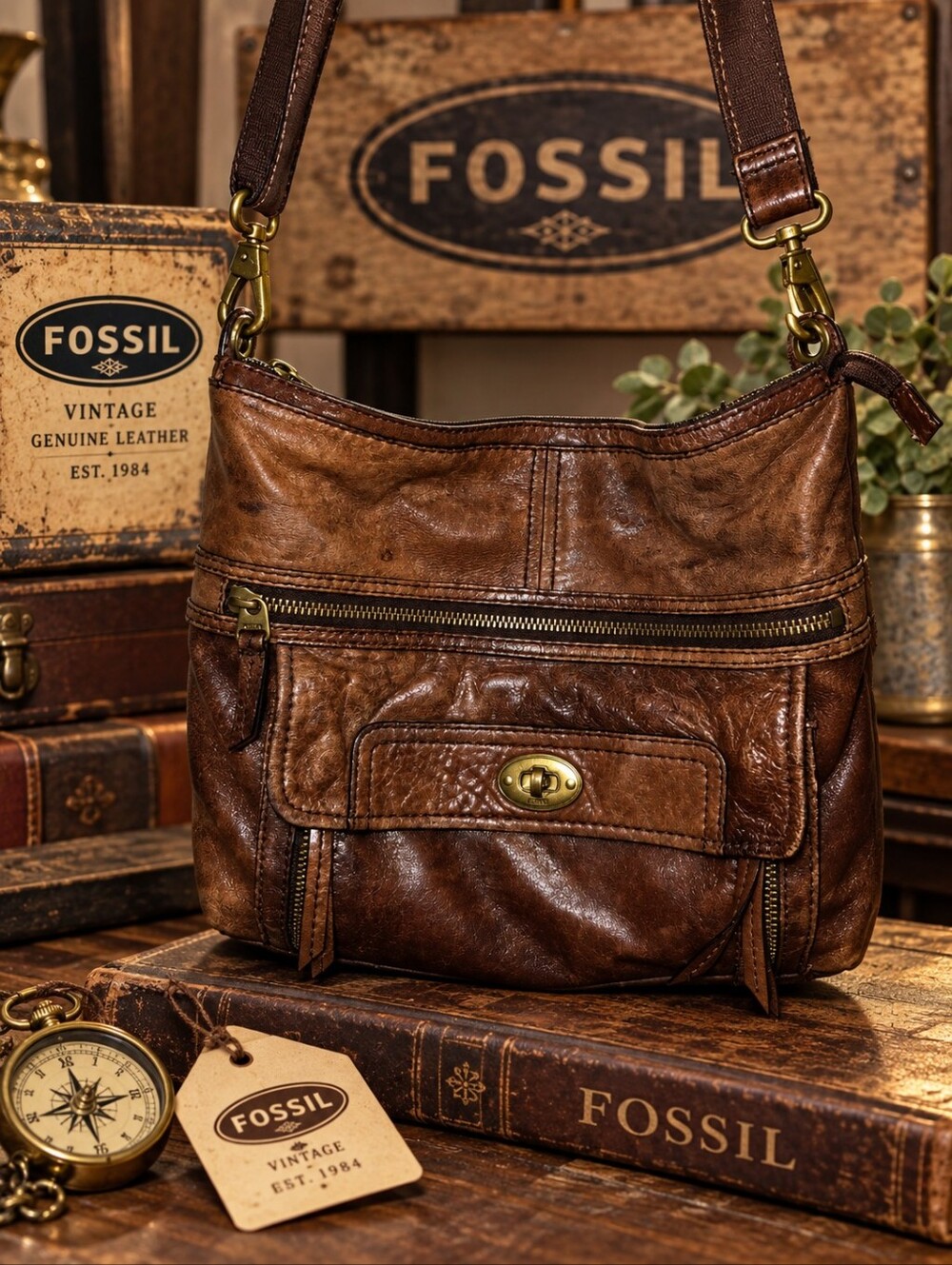 Vintage Fossil Leather Crossbody Bag PLC